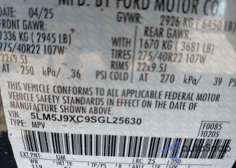 2025 Lincoln Aviator Black Label из США, поврежденный, VIN 5LM5J9XC9SGL25630